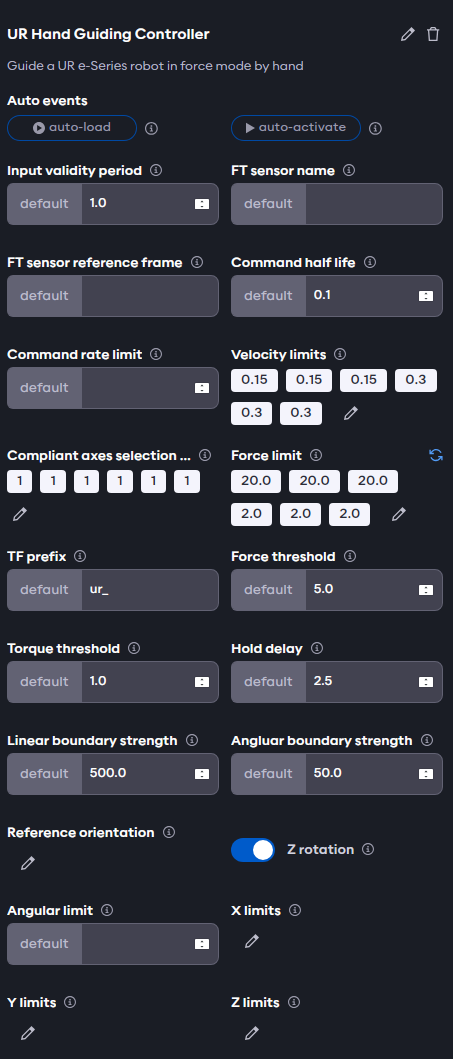 Hand guiding controller parameters